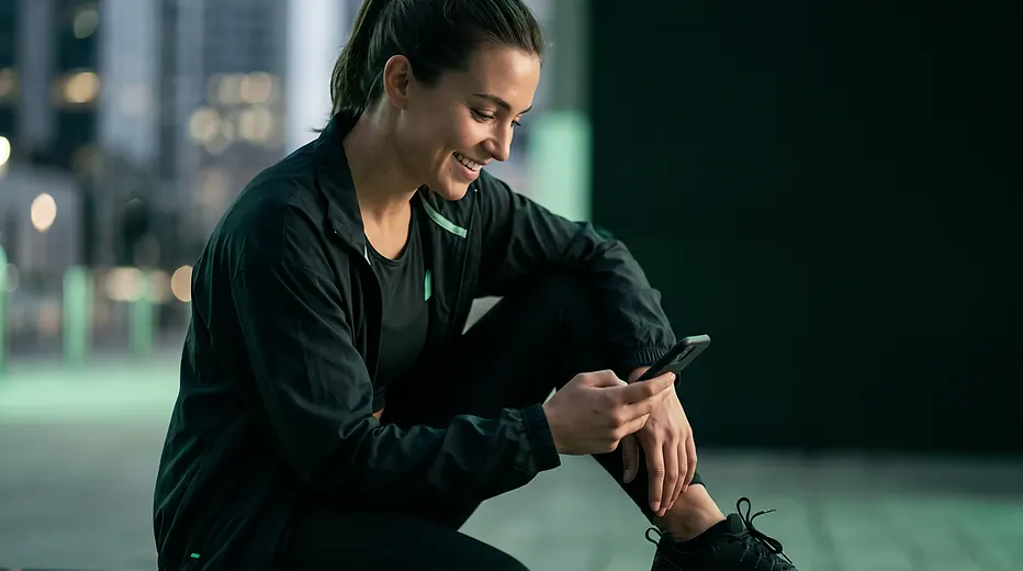 Sportlerin schaut lächelnd auf ihr Smartphone